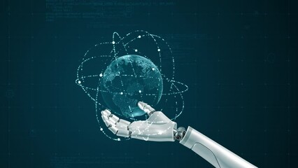 Wall Mural - motion graphic of ai robot arm and blue digital earth with particle ring circle orbit rotation on fu
