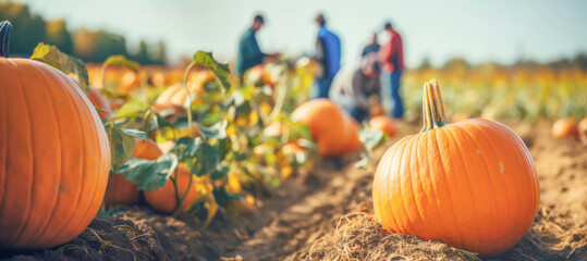 a vibrant pumpkin patch in the heart of autumn, where rows of plump orange pumpkins await harvest un