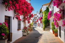 Quaint street in Marbella, Andalusia, Spain. Generative AI