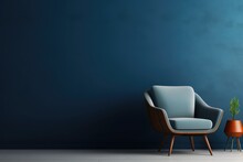 Modern Minimalist Interior With An Armchair On Empty Dark Blue Background