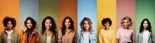 Collage Made Of Portraits Of Young Teenager Girl Of One Age, But Different Race Looking At Camera Against Multicolored Background. Multiracial Concept