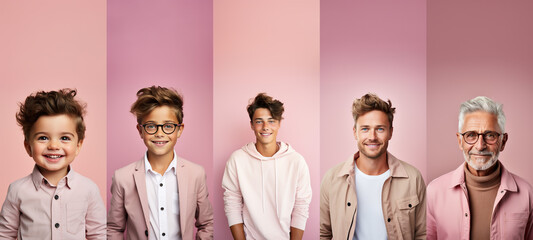 Collage of caucasian happy men different ages on pink backgrounds, panorama. Lot of smiling faces looking at camera. Human resource society database concept. Copy space