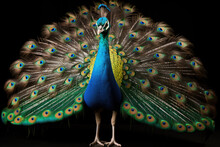 Flamboyant Male Peacock In Front Of Black Background