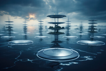 Poster - An artist's rendering of futuristic floating solar islands on water bodies for energy generation. Generative Ai.