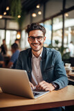 Fototapeta  - Man in coffee shop, laptop and small business owner, entrepreneur in hospitality management and connectivity. Happy male professional, cafe franchise and wireless connection with digital admin on pc