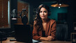© Tamara - Smiling young woman radio host making podcast recording for online show