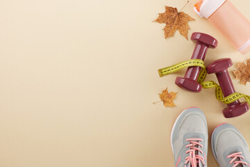 Autumn style and fitness harmony. Top view photo of stylish sneakers, measuring tape, dumbbells, plastic water bottle, fallen maple leaves on pastel brown background with promo spot