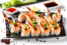 Gourmet chinese sushi food - broiled king tiger prawns on white