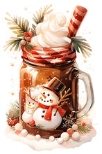 Watercolor Coffee Or Cacao In Glass With Marshmallow Snowman And Chocolate. Illustration With Coffee, Christmas Tree Branches, Red Berry And Lollipop, Isolated On White Background.