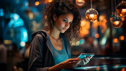 Poster - beautiful young girl with a laptop in a cafe