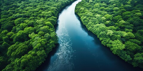 Wall Mural - Generative AI, green beautiful amazonian jungle landscape with trees and river, drone view