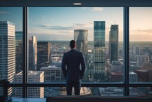 Man In Office Standing In Window Looking At City View Generative AI