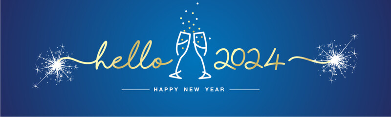 Hello 2024 Happy New Year gold handwritten line design typography shapes 2024 with white sparkle firework and champagne glasses on blue background banner