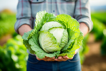 Wall Mural -  A man holds cabbage against the backdrop of a ripening field. Farmer's hands close up. The concept of planting and harvesting a rich harvest.