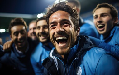 Men's national football team celebrate a match won in stadium. Generative AI