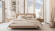 Modern cozy minimalist house bedroom with snowy forest outside