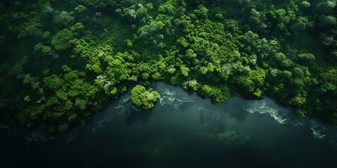 Wall Mural - Generative AI, green beautiful amazonian jungle landscape with trees and river, drone view