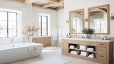 Fototapeta Sypialnia - Modern farhmouse decor bathroom with wood accents and pale colors