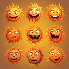 Fun cute emotional sun set with different smiles. Cartoon animal, various emotions concept