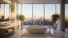 Modern Penthouse Apartment Bathroom With Expansive View Of Cityscape