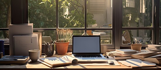 office with laptop, paper, laptop and books on desk Generative AI