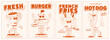 Posters set with trendy retro groovy fast food characters. Contemporary cartoon style on 60s-70s characters. Mascots for bar and restaurant. Vector illustration in monochrome red palette.