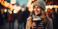 Young Woman With Cup Of Hot Drink At Christmas Fair. Enjoying Christmas Market, Blurred People In The Streets With Bokeh Light Background. Street Evening City Lights