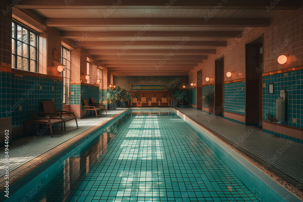 Fancy indoor hotel pool. Aesthetic pastel color palette. Aesthetic ...