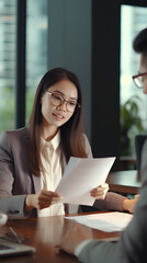 Wall Mural - Young Asian account manager showing paper documents to client partner providing legal advisory services, diverse professional colleagues discussing tax papers working in office at meeting