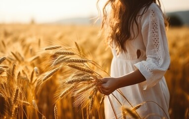 Wall Mural - Walking Through Field. Young girl walking through field and touches wheat. Generative AI