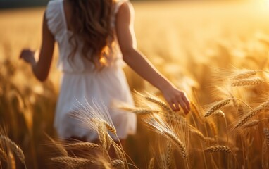 Wall Mural - Walking Through Field. Young girl walking through field and touches wheat. Generative AI