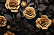 © Cadengo - Golden and black flowers and leaves. roses, 3d render background, pattern