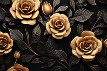 Golden And Black Flowers And Leaves. Roses, 3d Render Background, Pattern