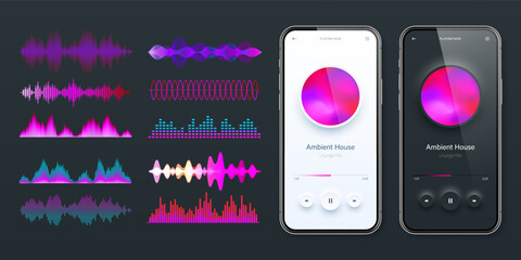 Wall Mural - Online audio player user interface, smartphone app UI design. Music, media streaming and listening platform. Responsive mobile application. Neumorphism. Various sound waves. Vector illustration