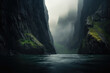 tall fjords. steep cliff. river, lake, creek. fantasy foggy, misty landscape. Doubtful Sound, New Zealand’s South Island