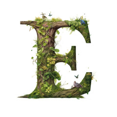 vintage letter E Made Of Tree with vines wrapped around, flowers. moss clings to, illustration clipart, high detailed, white background, digital art