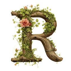 vintage letter R Made Of Tree with vines wrapped around, flowers. moss clings to, illustration clipart, high detailed, white background, digital art