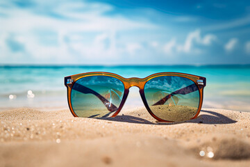 Sunglasses on the beach. Summer vacation and travel concept.