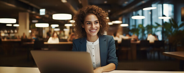 Wall Mural - Professional female employee or a businesswoman using a laptop in a public place. Copy space