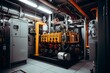 Emergency power supply system using diesel fuel, focused in generator room. Generative AI