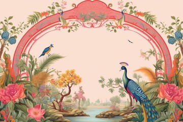 Wall Mural - Mughal-themed wedding invitation design with arches, peacock, and tropical trees on a pink backdrop adorned with vibrant flowers. Generative AI