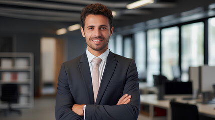 Wall Mural - Young Latin business man looking at camera in office, vertical portrait. Smiling happy businessman, male executive manager, professional employee or worker looking at camera standing at work