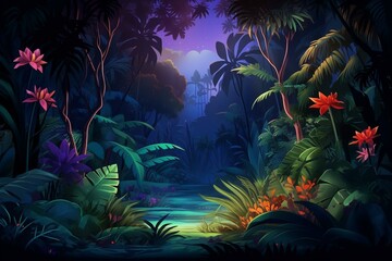  Background of night tropical jungle with rainforest ambiance. Generative AI