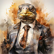 A watercolor portrait of a turtle in a sharp suit, exuding timeless elegance