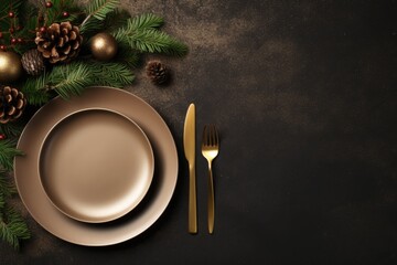 Top view of elegant and festive christmas table setting with xmas decoration and ornaments. Flat lay, mockup