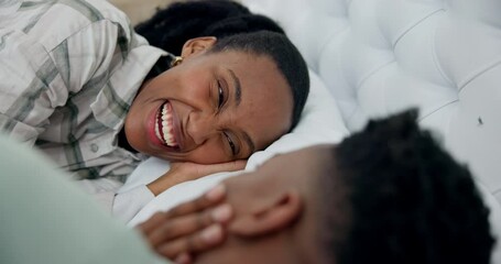 Sticker - Laughing, care and a black couple on a bed for conversation, love and communication. Relax, happy and an African woman with a man in a home bedroom for talking, bonding and together in the morning