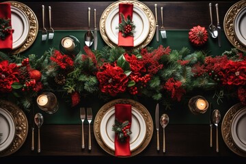 Wall Mural - Top view of elegant and festive christmas table setting with xmas decoration and ornaments. Flat lay, mockup