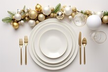 Top View Of Elegant And Festive Christmas Table Setting With Xmas Decoration And Ornaments. Flat Lay, Mockup