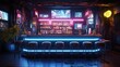 Generative AI, Cyberpunk style bar or cafe. Night scene of big city, futuristic nostalgic 80s, 90s. Neon lights vibrant colors, photorealistic horizontal illustration..