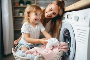 Happy family mother housewife and child in laundry with washing machine